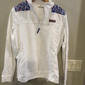 Vineyard Vines Shep Shirt White Blue 1/4 Zip Pullover Sweatshirt Women L Coastal